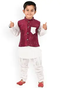 BAESD Boys Sequinned Pure Cotton Kurta With Churidar & Nehru Jacket