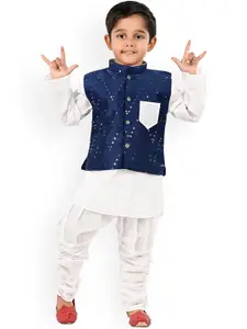 BAESD Boys Sequinned Pure Cotton Kurta With Churidar & Nehru Jacket