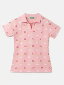 United Colors of Benetton Girls Floral Printed Polo Collar Pure Cotton T-shirt