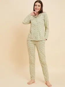Sweet Dreams Beige & White Graphic Printed Pure Cotton Night Suit