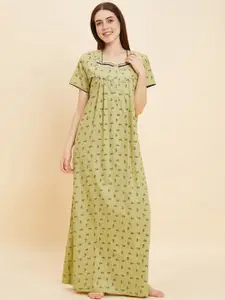 Sweet Dreams Beige And Black Floral Printed Square Neck Pure Cotton Maxi Nightdress