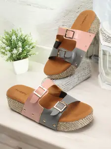 DressBerry Pink & Grey Colourblocked Double Open Toe Flatform Heels With Buckles