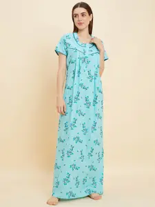 Sweet Dreams Turquoise Blue Floral Printed Pure Cotton Maxi Nightdress