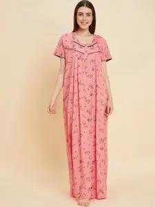 Sweet Dreams Peach & Navy Blue Floral Printed Pure Cotton Maxi Nightdress