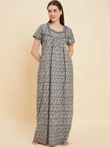 Sweet Dreams Grey And White Floral Printed Square Neck Pure Cotton Maxi Nightdress