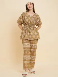 Sweet Dreams Brown & White Ethnic Motifs Printed Pure Cotton Night suit