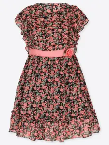 CUTECUMBER Girls Floral Print Flutter Sleeve Georgette Fit & Flare Dress