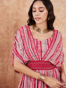 Sangria Ethnic Motifs Printed Ruched Extended Sleeve & Embroidered Maxi Dress
