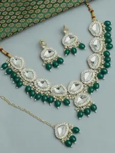 OOMPH Kundan Studded & Beaded Necklace & Earrings With Maang Tika