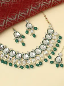 OOMPH Kundan Studded & Beaded Necklace & Earrings With Maang Tika