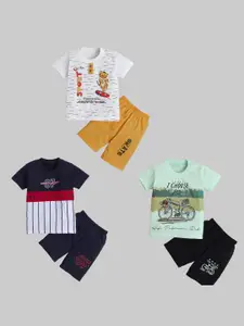 FOURFOLDS Infant Boys Pack Of 3 Printed T-shirt with Shorts