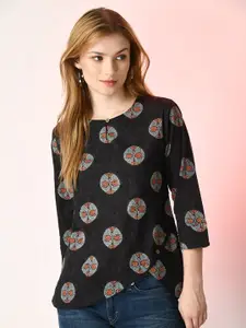 Sangria Abstract Printed Round Neck Cotton Top