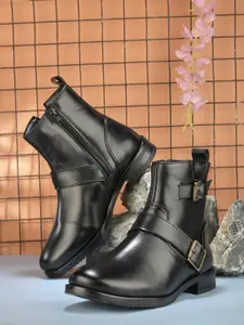 DressBerry Women Black Mid-Top Monk Straps Boots