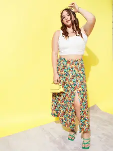 Berrylush Curve Plus Size Red Floral Printed High-Rise A-Line Maxi Skirt