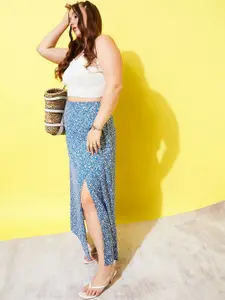 Berrylush Curve Plus Size Blue Floral Printed High-Rise A-Line Maxi Skirt