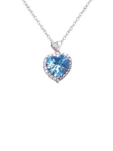 Designs & You Silver-Plated AD-Studded & Ice Cut Blue Heart Shape Pendant With Chain