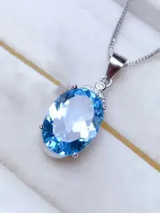 Designs & You Silver-Plated AD-Studded & Ice Cut Blue Oval Shape Pendant With Chain