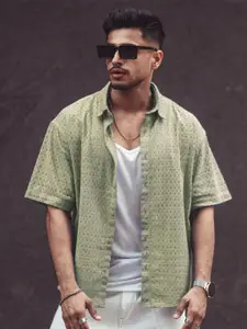 Powerlook Self Design Spread Collar Indian Slim Oversize Fit Casual Shirt