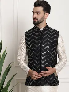 SOJANYA Chevron Embellished Mandarin Collar Pure Silk Nehru Jackets