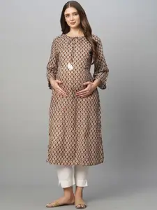 MomToBe Ethnic Motifs Printed Keyhole Neck Thread Work Maternity Kurta