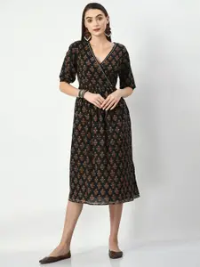 Sangria Floral Printed Puffed Sleeves Cotton Wrap Midi Ethnic Dress