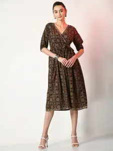 Sangria Black Ethnic Motifs Printed Puff Sleeves V-Neck Cotton Fit & Flare Ethnic Dress