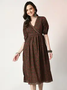 Sangria Brown Ethnic Motifs Printed Cotton Wrap Ethnic Dress