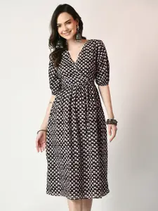 Sangria Black Ethnic Motifs Printed Gathered Detailed Cotton A-Line Ethnic Dress