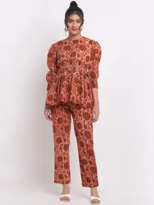 KALINI Floral Printed Pure Cotton Top With Trouser