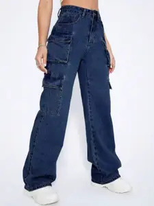 BROADSTAR Women Smart Wide Leg High-Rise Low Distress Cotton Stretchable Jeans