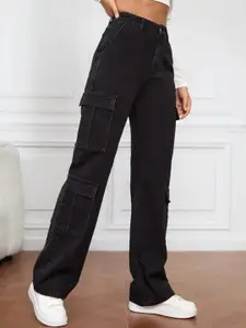 BROADSTAR Women Smart Wide Leg High Rise Clean Look Stretchable Cargo Jeans