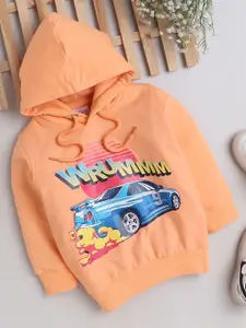 BUMZEE Boys Typography Printed Hooded Ribbed Cotton Pullover Sweatshirt