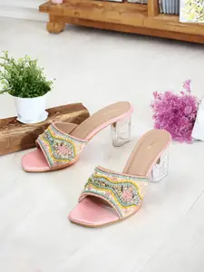 Anouk Pink & Yellow Embellished Block Heels