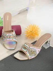 Anouk Cream-Coloured & Gold-Toned Embellished Block Heels