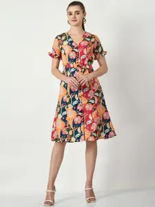 Sangria Floral Printed Tie Ups A-Line Dress With Belt