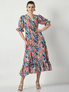Sangria Tropical Printed Gathered A-Line Midi Dress