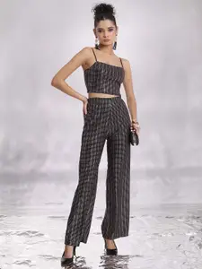 Tokyo Talkies Black Geometric Printed Shoulder Straps Top With Trouser