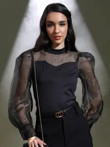 Tokyo Talkies Black High Neck Cuffed Sleeves Top