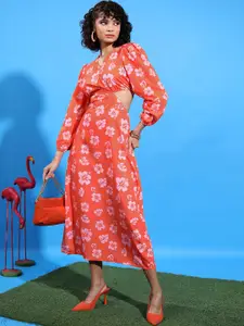 Tokyo Talkies Orange Floral Printed V-Neck Puff Sleeve Cut-Outs Fit & Flare Midi Dress