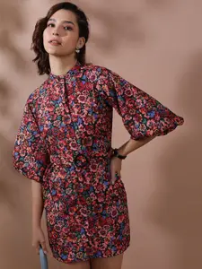 Tokyo Talkies Red & Pink Floral Printed Flared Sleeve Shirt Dress