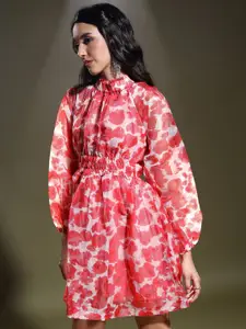 Tokyo Talkies Pink Floral Printed High Neck Puff Sleeves Fit & Flare Dress