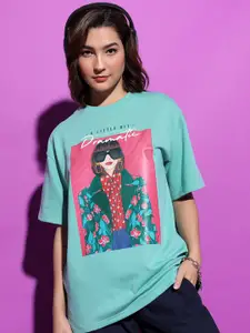 Tokyo Talkies Green & Pink Printed Round Neck Drop-Shoulder-Sleeves Oversized T-shirt