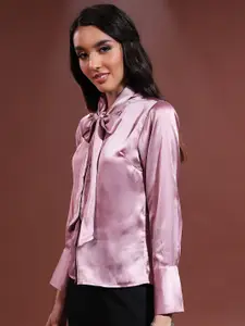 Tokyo Talkies Mauve Tie Up Neck Cuffed Sleeves Shirt Style Top