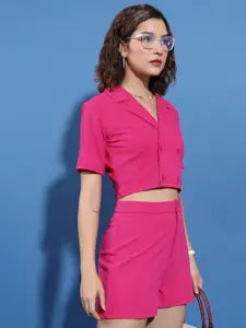 Tokyo Talkies Fuchsia Notch Lapel Collar Double Breasted Crop Blazer With Shorts