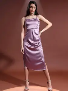 Tokyo Talkies Purple Satin Ruched Sheath Midi Dress