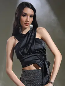 Tokyo Talkies Black Halter Neck Wrap Pleated Satin Crop Top