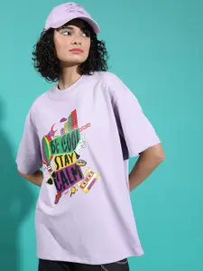 Tokyo Talkies Lavender Typography Printed Drop-Shoulder Oversized T-shirt