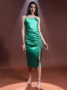 Tokyo Talkies Green Shoulder Straps Satin Sheath Midi Dress