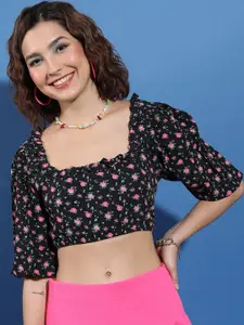 Tokyo Talkies Floral Printed Puff Sleeve Regular Crop Top
