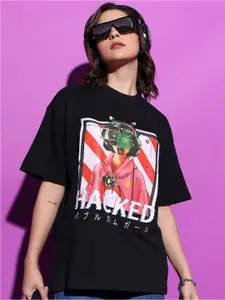 Tokyo Talkies Black Oversized Graphic Printed Drop-Shoulder Sleeves Casual T-shirt